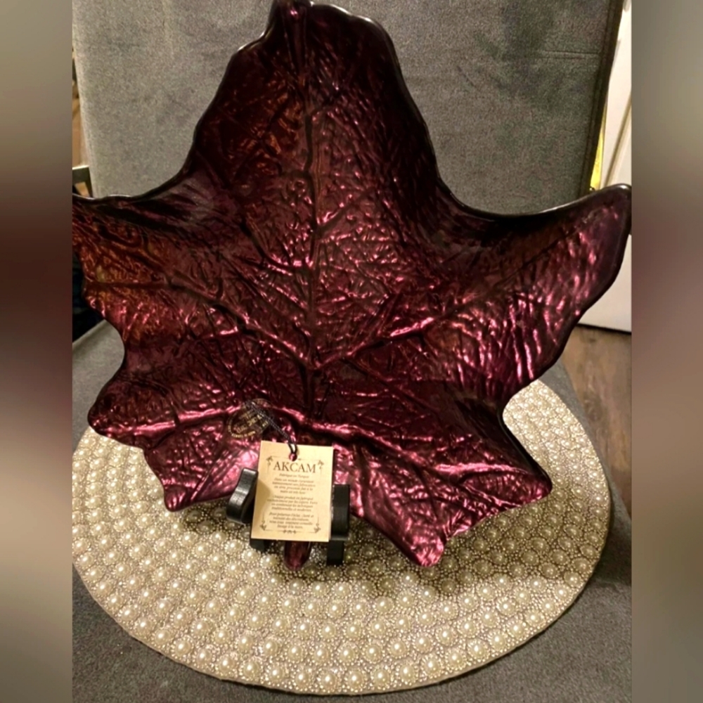 AKCAM TURKISH GLASS BURGUNDY MAPLE LEAF SHAPE SERVING PLATE